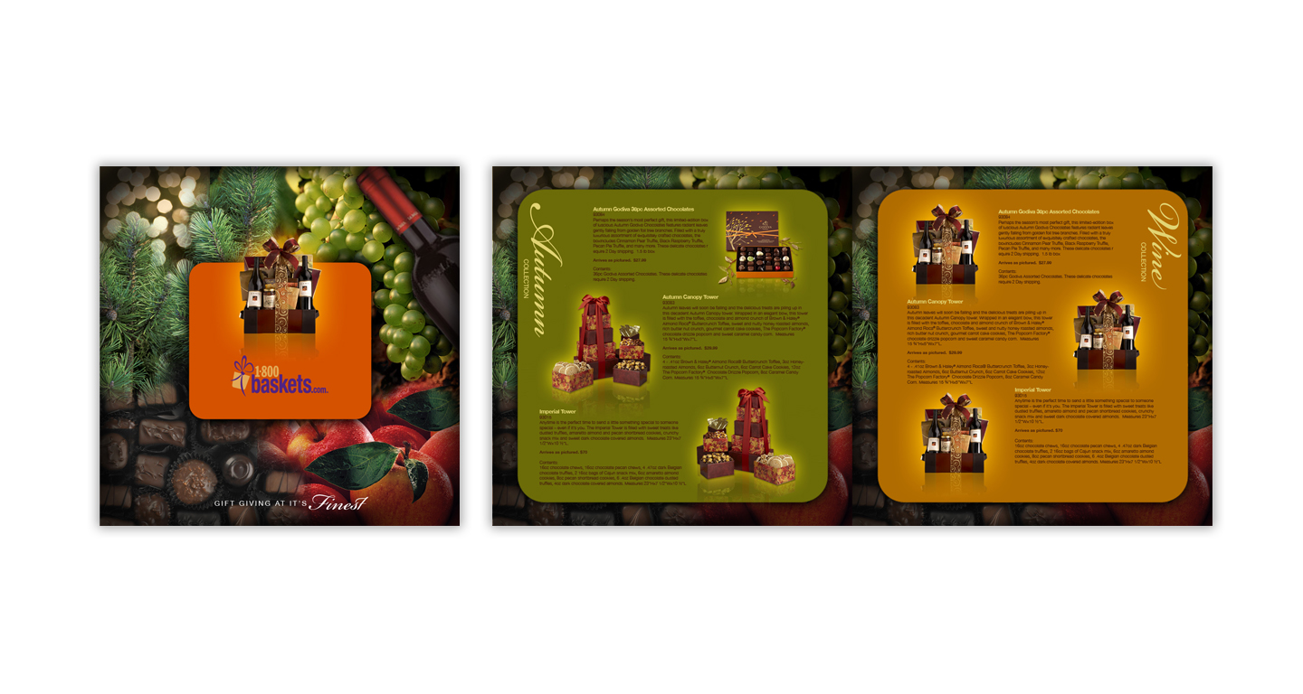 To celebrate the holiday season, this catalog highlights a selection of quality gifts that are offered online at 1-800 Baskets. The montage imagery of delectable goodies waters-the-mouth for great holiday giving.
