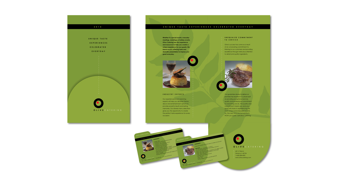 We developed the promotional materials, branding elements and direct mail compoents for this catering company. These elements include menu and recipe suggestions. The recipe cards to the right are part of an ongoing promotional effort.