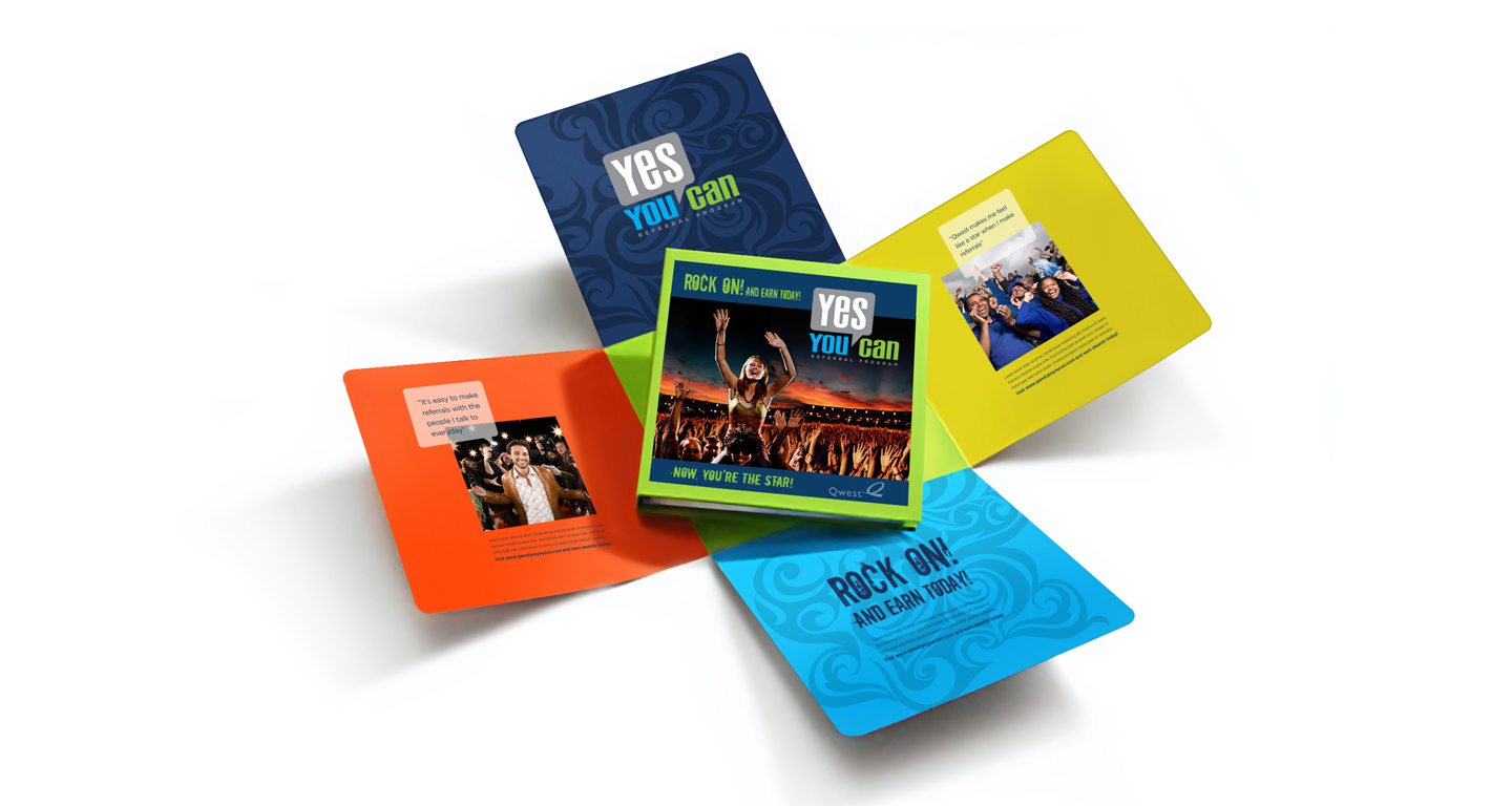 We developed the materials for the re-branding of the Qwest Communications employee referral program known as “Yes You Can”. A new name, new logo, and a bold new look is the key to energizing existing employees about the enhanced program for 2009 and beyond.