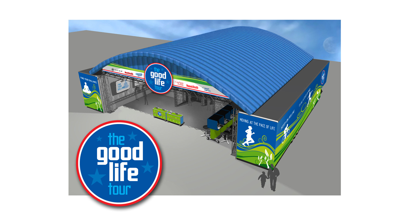 To promote the U.S. Army Good Life Tour we designed this mobile event set-up. This tour was an on-base event that leveraged several key retail sponsors. The event promoted healthy lifestyle choices with interactive games and demonstrations. The outside of the trailers were also wrapped with graphics to create a seamless environment to enhance the communication and overall event experience.