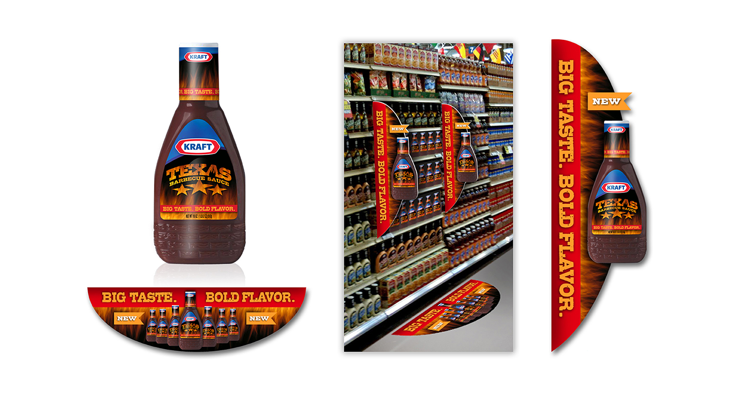 Kraft was looking to position their new barbecue sauce between the original sauce and their premium sauces. We designed this product package and these in-store materials to compliment the taste of this new, spicy, and bold-flavored sauce.