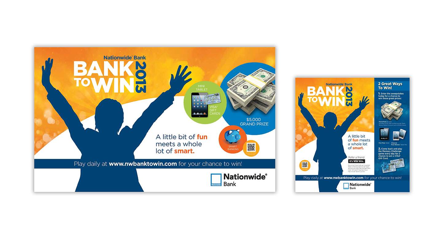 We designed a series of signage and merchandising elements to support this sweepstakes game. The bold, silhouetted graphic is used to provide iconic continuity for all the promotional materials. The simplistic color palette reinforces the ease of playing and the brightness of the color attracts consumers to the fun energy of the game.