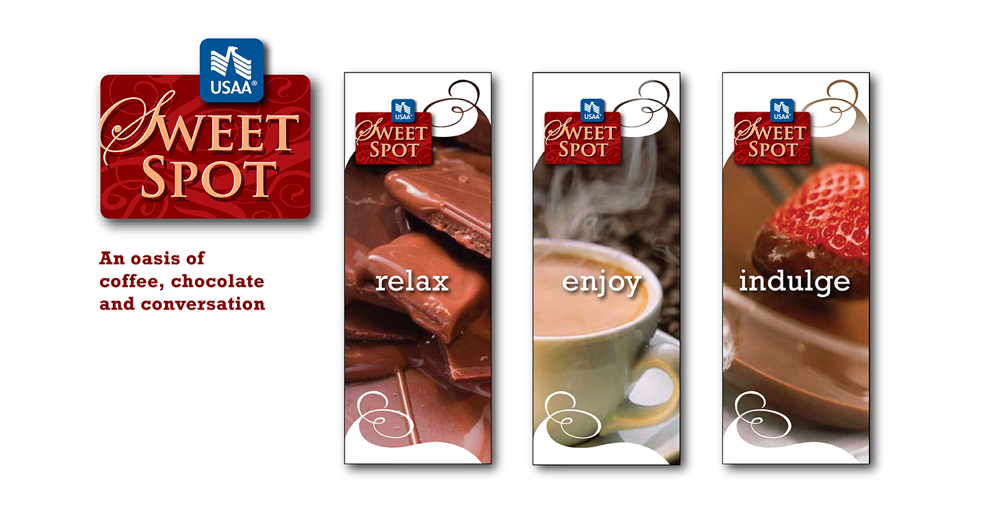 We helped USSA create a spa-like oasis to reward their customers at specific events focusing on military moms. This area within the sponsored event is merchandised with tall banners to create a destination with massage chairs, a chocolate fountain, and a cappuccino bar.