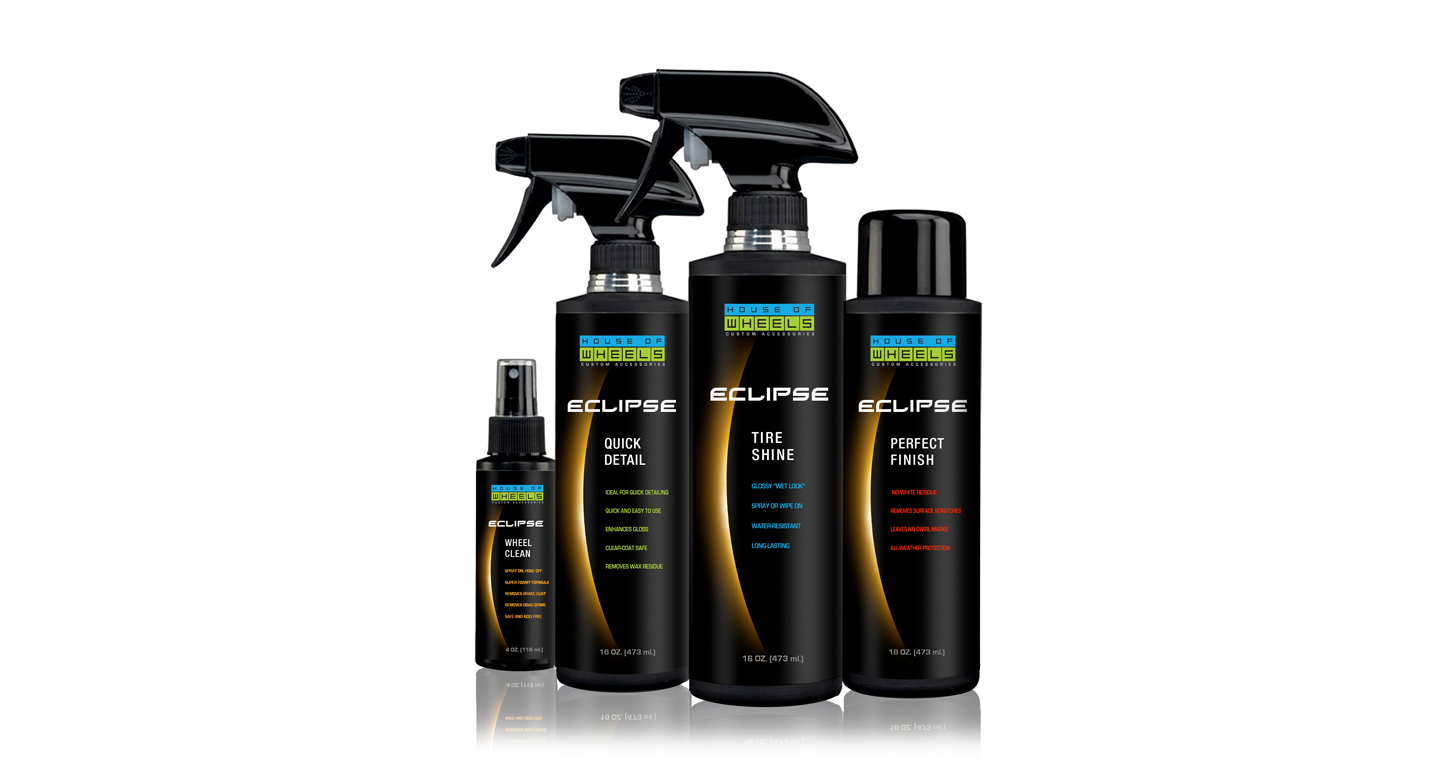 We developed the identity for the re-branding of House of Wheels, a custom wheel and accessory retailer. Developing a bold and seductive brand image is the key to success for this high-end market retailer. This series of of car care product packaging is sold online to compliment the House of Wheels line of products.