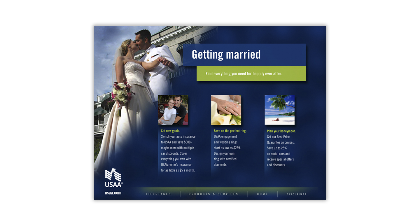 We designed an interactive touch-screen kiosk for USAA that guided event-goers through the many USAA product offerings. The interactivity strategically focuses on “life stages” as the road map to navigating this information.